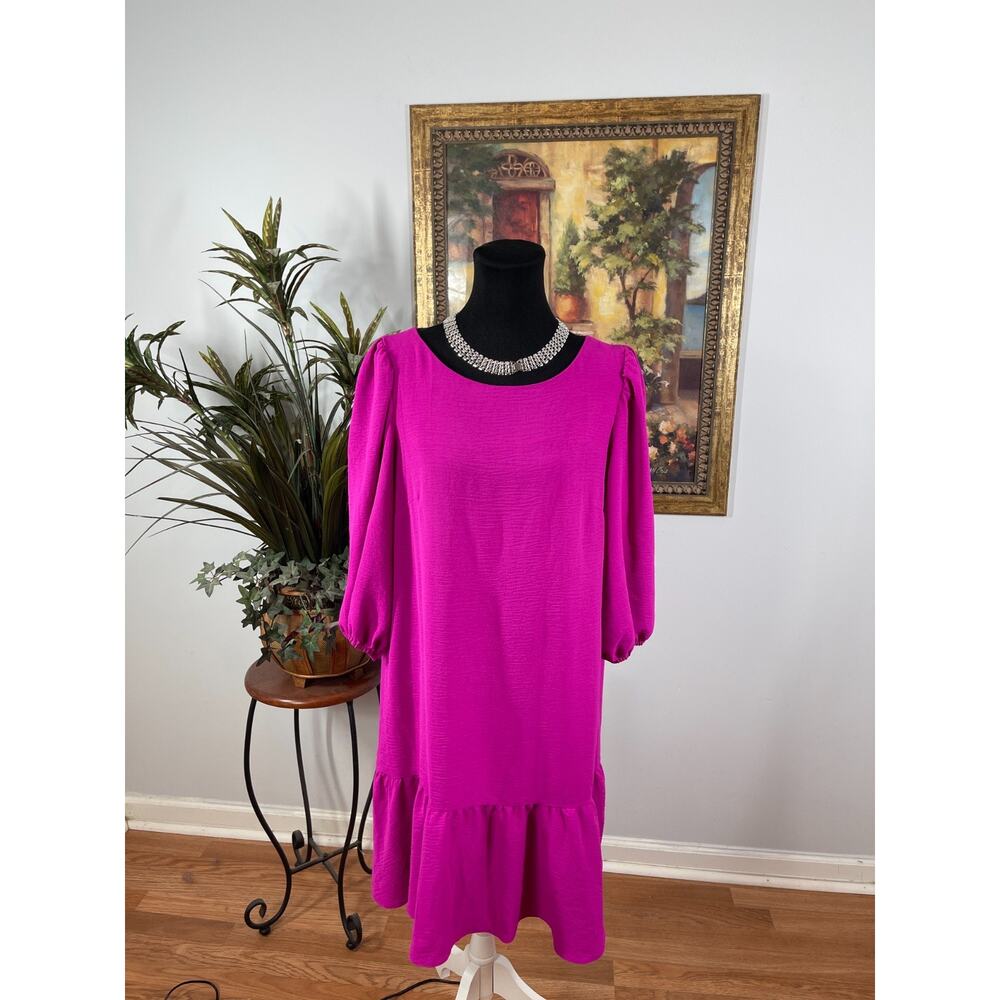 DKNY Tiered Dress Womens 14 Fuchsia Pink‎ Ruffled Hem Balloon Sleeve Barbiecore